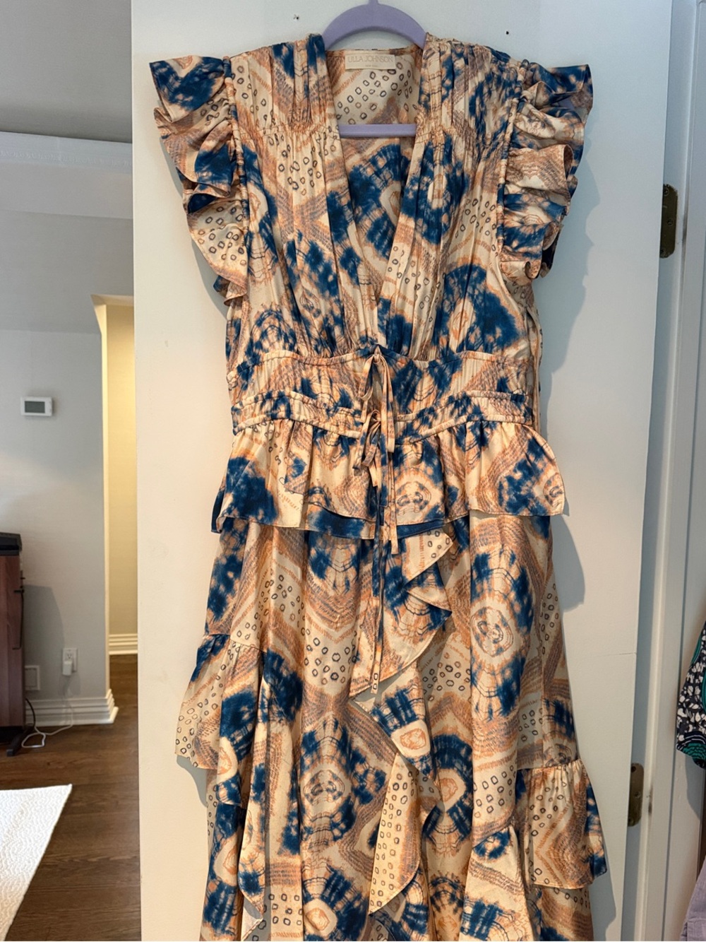 Ulla Johnson Blue and Cream Tie-Dye Ruffle Maxi Dress
